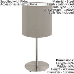 Loops 2 PACK Table Desk Lamp Colour Satin Nickel Steel Shade Taupe Fabric E27 1x60W in Metallics - thumbnail 2