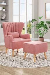 H&O Direct Modern Curved Back Armchair Set with Lumbar Pillow & Footstool in Pink
