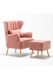 H&O Direct Modern Curved Back Armchair Set with Lumbar Pillow & Footstool in Pink - thumbnail 3
