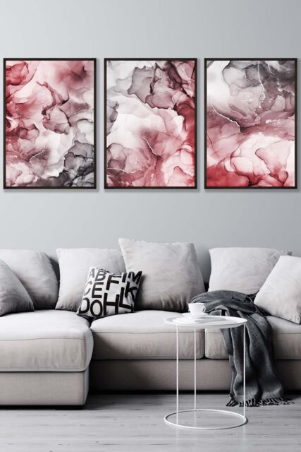 ARTZE Abstract Floral Fluid in Red & Grey Framed Wall Art - Large in Black - Size: W53 cm x H73 cm x D20mm - image 1