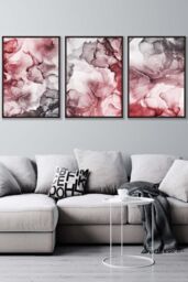 ARTZE Abstract Floral Fluid in Red & Grey Framed Wall Art - Large in Black - Size: W53 cm x H73 cm x D20mm