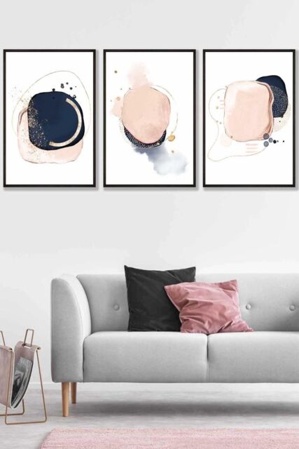 ARTZE Framed Abstract Navy Blue & Blush Pink Framed Wall Art - Large in Black - Size: W53 cm x H73 cm x D20mm - image 1