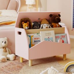 Costway Toy Storage Chest Bookcase Wooden Toy Box w/ Shelf in Pink - thumbnail 3