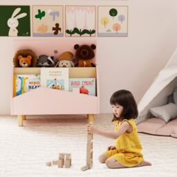 Costway Toy Storage Chest Bookcase Wooden Toy Box w/ Shelf in Pink - thumbnail 7