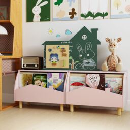 Costway Toy Storage Chest Bookcase Wooden Toy Box w/ Shelf in Pink - thumbnail 9