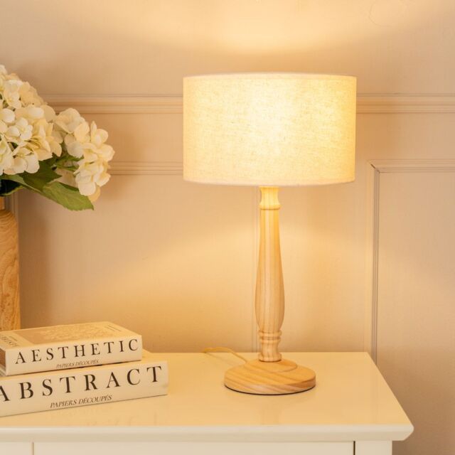 ValueLights Victoria Light Wood Candlestick Table Lamp with Linen White Trim Shade & Bulb in Natural - image 1