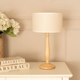 ValueLights Victoria Light Wood Candlestick Table Lamp with Linen White Trim Shade & Bulb in Natural - thumbnail 3