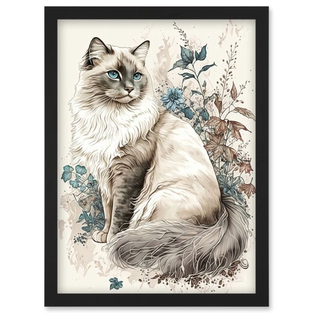 Artery8 Blue Point Ragdoll Cat with Flowers Watercolour Illustration Artwork Framed Wall Art Print A4 in Black - image 1