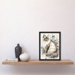 Artery8 Blue Point Ragdoll Cat with Flowers Watercolour Illustration Artwork Framed Wall Art Print A4 in Black - thumbnail 2