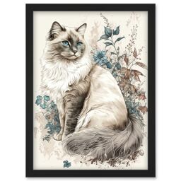 Artery8 Blue Point Ragdoll Cat with Flowers Watercolour Illustration Artwork Framed Wall Art Print A4 in Black - thumbnail 1