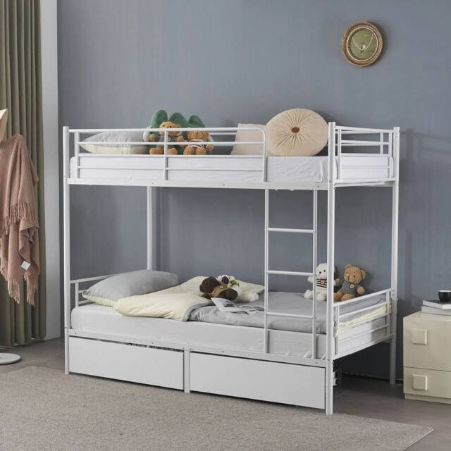 NESTLUNE High Sleeper Bunk Bed Metal Frame Slats Single Two Drawers in White - image 1