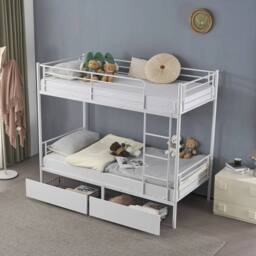 NESTLUNE High Sleeper Bunk Bed Metal Frame Slats Single Two Drawers in White - thumbnail 5