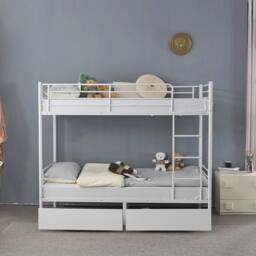 NESTLUNE High Sleeper Bunk Bed Metal Frame Slats Single Two Drawers in White - thumbnail 3