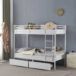 NESTLUNE High Sleeper Bunk Bed Metal Frame Slats Single Two Drawers in White - thumbnail 6