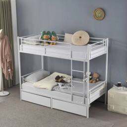 NESTLUNE High Sleeper Bunk Bed Metal Frame Slats Single Two Drawers in White - thumbnail 4