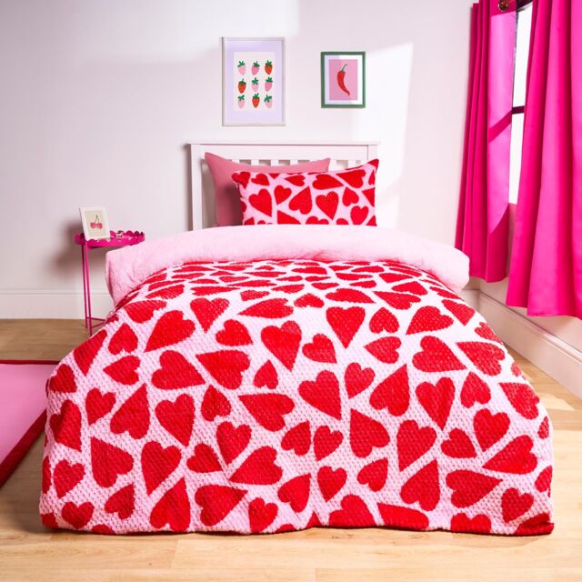 OHS Heart Waffle Sherpa Fleece Reversible Duvet Cover Bedding Set in Red - Size: Single - image 1