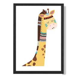 ARTZE Peeking Giraffe Tribal Animal Framed Print SIZE: A3 with Black Frame in Yellow - Size: A2 - thumbnail 1