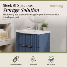 Balterley Fluted Wall Hung 2 Drawer Vanity Basin Unit & Basin 600mm - Satin Blue - thumbnail 2