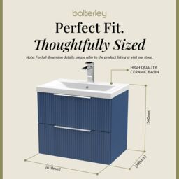 Balterley Fluted Wall Hung 2 Drawer Vanity Basin Unit & Basin 600mm - Satin Blue - thumbnail 5