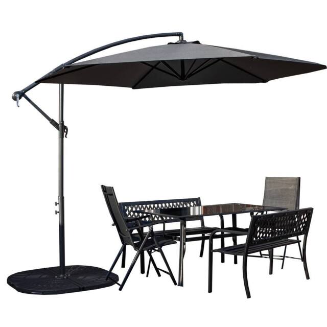 Samuel Alexander Outdoor 6 Person Glass Top Table Benches & Chairs, Banana Parasol & Base in Grey - image 1