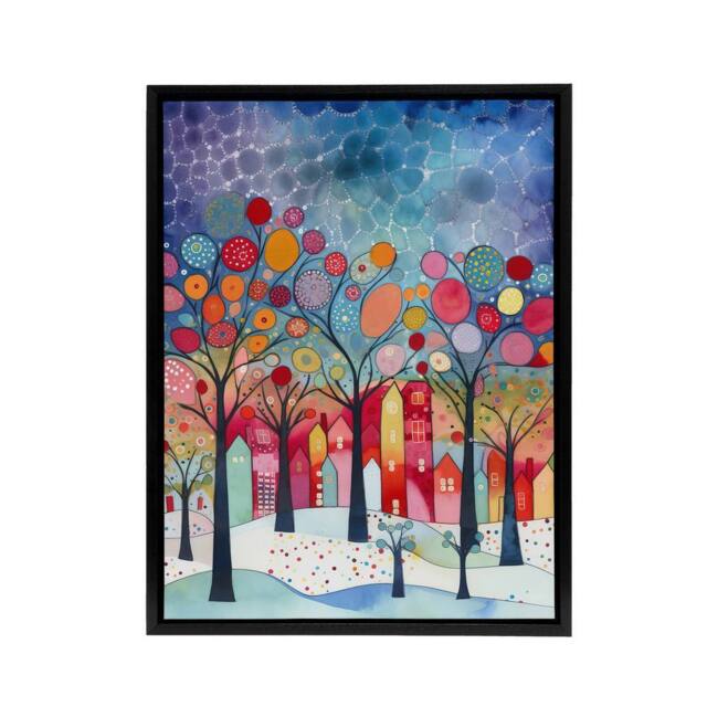 "Artery8 Winter Abstract Village Folk Art Framed Canvas Wall Art Print - Size: W24"" x H32""" - image 1