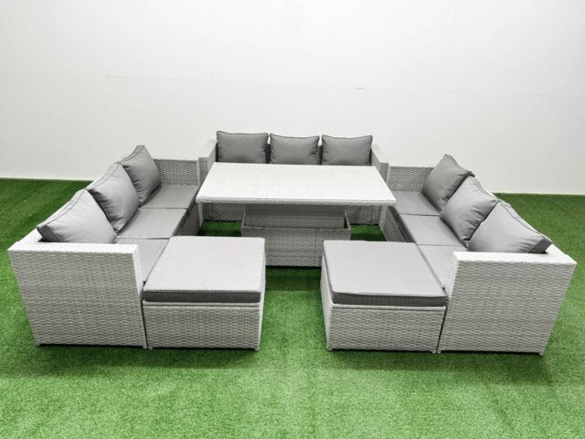 Fimous 6 PCs Rising Dining Table Set Rattan Furniture Set with 3 Seater Sofa in Light Grey - image 1