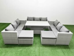 Fimous 6 PCs Rising Dining Table Set Rattan Furniture Set with 3 Seater Sofa in Light Grey - thumbnail 1