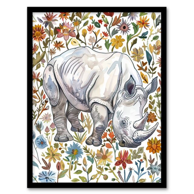 Artery8 Rhinoceros Rhino in Wildflower Meadow Watercolour Framed Wall Art - Size: A4 - image 1