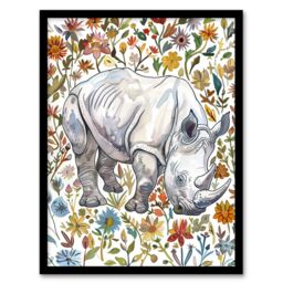Artery8 Rhinoceros Rhino in Wildflower Meadow Watercolour Framed Wall Art - Size: A4 - thumbnail 1