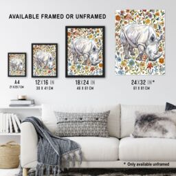 Artery8 Rhinoceros Rhino in Wildflower Meadow Watercolour Framed Wall Art - Size: A4 - thumbnail 3