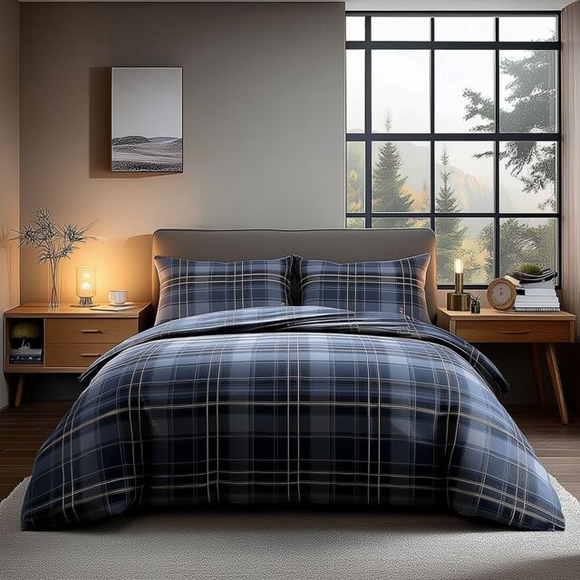 Snug City Duvet Cover & Pillowcase Set Indigo Tartan Check Design Polycotton Bed Linen - Size: Single - image 1
