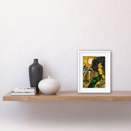 "Artery8 Wall Art Print Woman & Edinburgh Cityscape Yellow Green Linocut Artwork Framed 9X7 Inch in White - Size: W7"" x H9""" - thumbnail 2