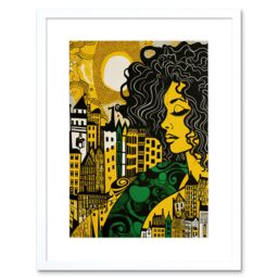"Artery8 Wall Art Print Woman & Edinburgh Cityscape Yellow Green Linocut Artwork Framed 9X7 Inch in White - Size: W7"" x H9""" - thumbnail 1