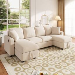 Merax Modern Chenille U-Shaped Pull-Out Sofa Bed with Dual Storage Chaises in Beige - thumbnail 5