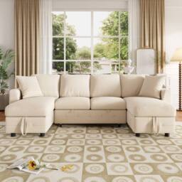 Merax Modern Chenille U-Shaped Pull-Out Sofa Bed with Dual Storage Chaises in Beige - thumbnail 7