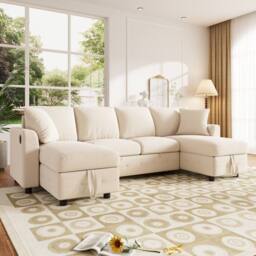 Merax Modern Chenille U-Shaped Pull-Out Sofa Bed with Dual Storage Chaises in Beige - thumbnail 6