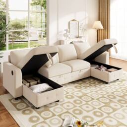 Merax Modern Chenille U-Shaped Pull-Out Sofa Bed with Dual Storage Chaises in Beige - thumbnail 3