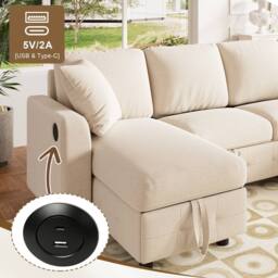 Merax Modern Chenille U-Shaped Pull-Out Sofa Bed with Dual Storage Chaises in Beige - thumbnail 8