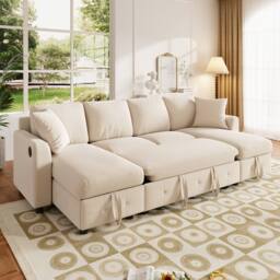 Merax Modern Chenille U-Shaped Pull-Out Sofa Bed with Dual Storage Chaises in Beige - thumbnail 4