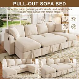 Merax Modern Chenille U-Shaped Pull-Out Sofa Bed with Dual Storage Chaises in Beige - thumbnail 9