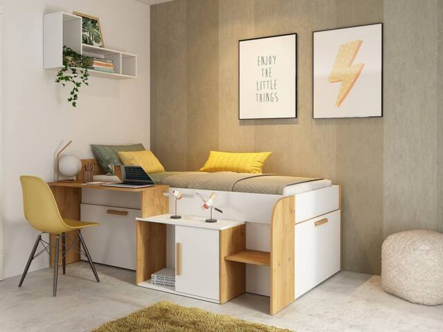 Vente-unique Combination Bed 90 X 200 Cm With Desk & Storage - White & Natural in Light Oak - Size: Single - image 1