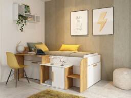 Vente-unique Combination Bed 90 X 200 Cm With Desk & Storage - White & Natural in Light Oak - Size: Single - thumbnail 1
