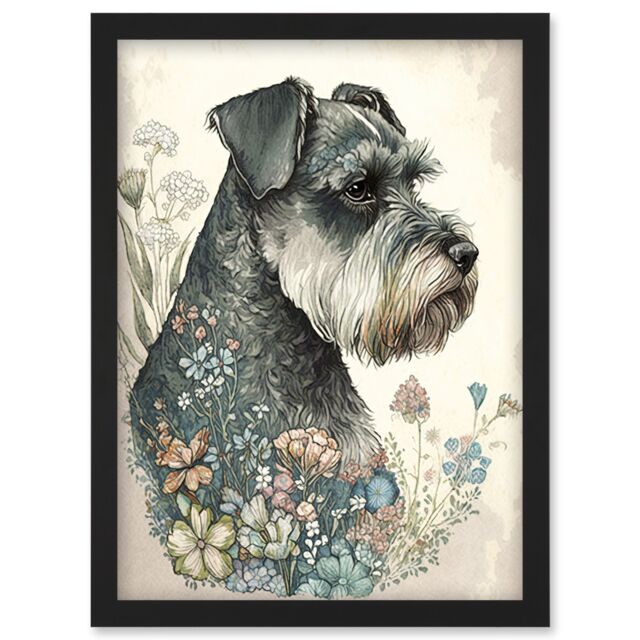 Artery8 Grey Schnauzer Dog & Spring Flowers Boho Portrait Watercolour Illustration Artwork Framed Wall Art Print A4 in Black - image 1