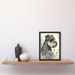 Artery8 Grey Schnauzer Dog & Spring Flowers Boho Portrait Watercolour Illustration Artwork Framed Wall Art Print A4 in Black - thumbnail 2