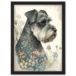 Artery8 Grey Schnauzer Dog & Spring Flowers Boho Portrait Watercolour Illustration Artwork Framed Wall Art Print A4 in Black - thumbnail 1