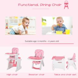 HOMCOM 3 in 1 Convertible Baby High Chair Toddler Table Chair Infant Feeding Seat in Pink - thumbnail 4