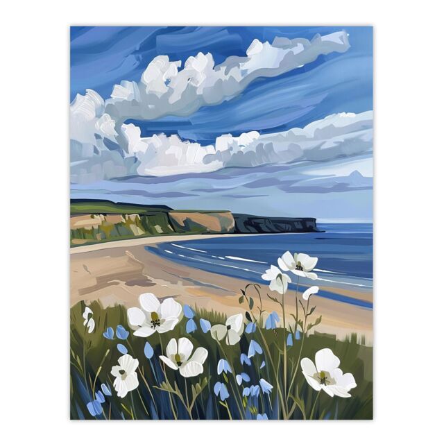 "Artery8 Saltburn Hunt Cliff Yorkshire Wildflowers Digital Wall Art Print in Blue - Size: W18"" x H24""" - image 1