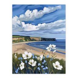 "Artery8 Saltburn Hunt Cliff Yorkshire Wildflowers Digital Wall Art Print in Blue - Size: W18"" x H24""" - thumbnail 1
