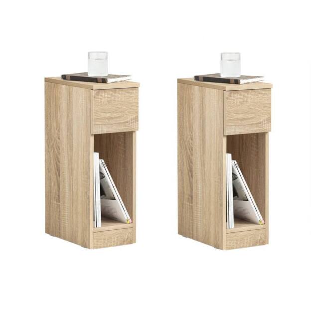 SoBuy Set of 2 Slim Bedside Table - Open Shelf & Drawer - Modern in Light Oak - image 1