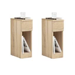 SoBuy Set of 2 Slim Bedside Table - Open Shelf & Drawer - Modern in Light Oak